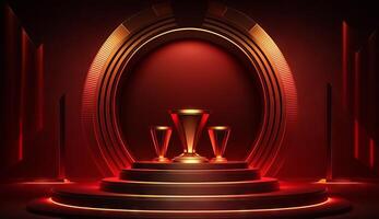 Stage Podium Scene for Award Ceremony on red Background. photo