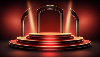 Stage Podium Scene for Award Ceremony on red Background. photo