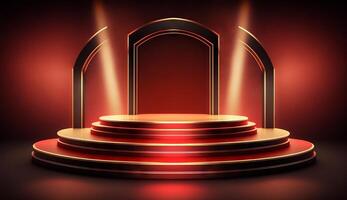 Stage Podium Scene for Award Ceremony on red Background. photo