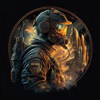 illustration of cyberpunk astronaut with a industrial smoke, mechanic detail on shoulders, pollution, centered inside intricate gold and fire circle of city and Skyscrapers photo