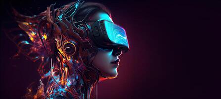 illustration of Metaverse concept and virtual world elements. Side view of human face in augmented or virtual reality headset inside the metaverse photo