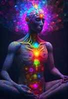 illustration of higher, yoga relax chill out dmt visions spirit. 7 colored chakras meditation DMT hallucinations. Multiverse connected through a nervous system - trippy psychedelic photo
