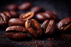 illustration of Coffee Beans Closeup On Dark Background, blurred background photo