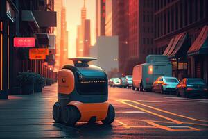generativo ai ilustración de el futuro de entrega tecnología con autónomo mensajero robots en bullicioso urbano paisajes, un entrega robot como bien como autónomo entrega carros creado por un negocio foto