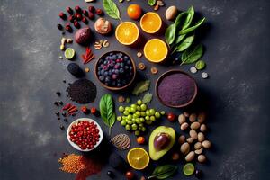 illustration of healthy food clean eating selection on gray concrete background photo