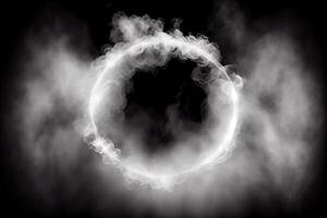 illustration of white smoke exploding outwards with empty center. Dramatic smoke or fog effect for spooky, hot lighting ring circle photo