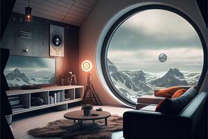 illustration of comfy living room from the year 2050, Scandinavian Japanese sci-fi design photo