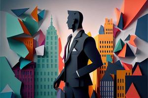 Business man in the city background, colorful. Business handshaking, successful concept. Paper cut craft, 3d paper illustration style. Neural network generated art. photo