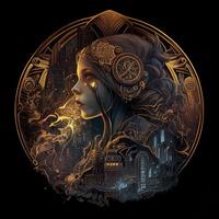 illustration of cyberpunk Zodiac sign with a industrial smoke, mechanic detail on shoulders, pollution, centered inside intricate gold and fire circle of city and Skyscrapers, steam punk photo