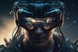 illustration of Metaverse concept and virtual world elements. Side view of human face in augmented or virtual reality headset inside the metaverse photo