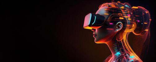 illustration of Metaverse concept and virtual world elements. Side view of human face in augmented or virtual reality headset inside the metaverse photo