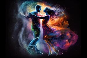 generativo ai ilustración de un encantador imagen de dos amantes bailando en un mágico espacio antecedentes foto