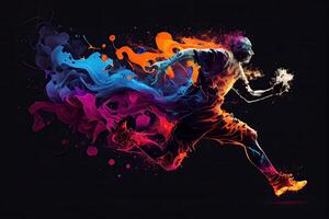 illustration of the essence of a soccer player in motion as they kick a ball with intense energy, surrounded by vibrant colors and splashes photo