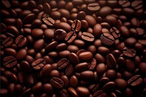 illustration of Roasted Coffee Beans Closeup On Dark Background, blurred background photo