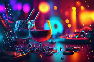 illustration of New Year's Eve party background, pop color, group of people dancing and joyful, countdown, neural network generated art. Digitally painting, generated image. photo