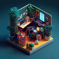 illustration of Office on smart phone, isometric diorama, land plot, pop color, colorful. Digitally generated image photo