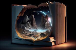 illustration of book of knowledge, universe, fantasy epic atmosphere, beautiful visual effects. Knowledge open new world. photo