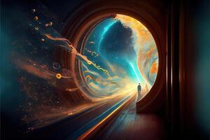 illustration of traveling through the door of the future with the speed of light photo