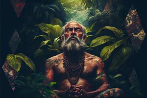 illustration of man meditating in the jungle photo