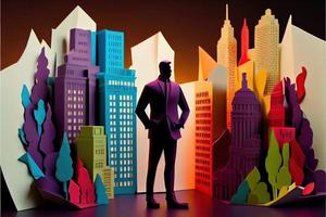 Business man in the city background, colorful. Business handshaking, successful concept. Paper cut craft, 3d paper illustration style. Neural network generated art. photo