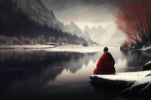 generativo ai ilustración de budista monje en meditación junto a el río con hermosa naturaleza antecedentes foto