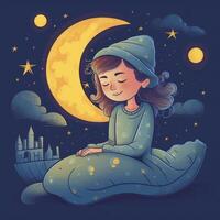 Girl sleeping among the blue sky, bright moon and stars, cartoon with photo