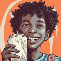 Young boy drinking milk, cartoon illustration with photo