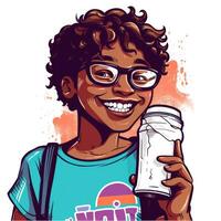 Young boy drinking milk, cartoon illustration with photo