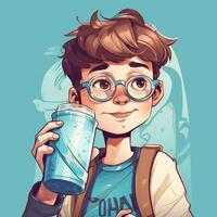 Young boy drinking milk, cartoon illustration with photo