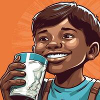 joven chico Bebiendo leche, dibujos animados ilustración con generativo ai foto