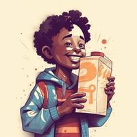 Young boy drinking milk, cartoon illustration with photo