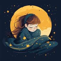 niña dormido entre el azul cielo, brillante Luna y estrellas, dibujos animados con generativo ai foto