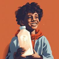 Young boy drinking milk, cartoon illustration with photo