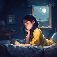 Girl sleeping among the blue sky, bright moon and stars, cartoon with photo