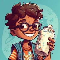 Young boy drinking milk, cartoon illustration with photo