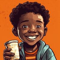 Young boy drinking milk, cartoon illustration with photo