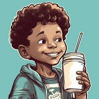 Young boy drinking milk, cartoon illustration with photo