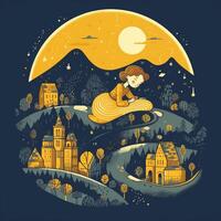 Girl sleeping among the blue sky, bright moon and stars, cartoon with photo