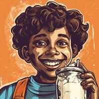 Young boy drinking milk, cartoon illustration with photo