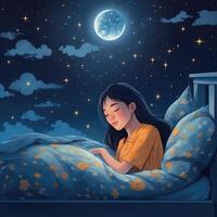 Girl sleeping among the blue sky, bright moon and stars, cartoon with photo