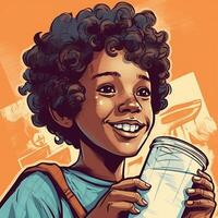 Young boy drinking milk, cartoon illustration with photo