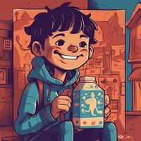 joven chico Bebiendo leche, dibujos animados ilustración con generativo ai foto