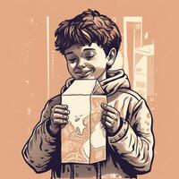 Young boy drinking milk, cartoon illustration with photo