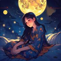 niña dormido entre el azul cielo, brillante Luna y estrellas, dibujos animados con generativo ai foto