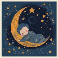 Baby sleeping among blue sky, bright moon and stars, cartoon with photo