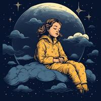 Girl sleeping among the blue sky, bright moon and stars, cartoon with photo