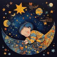 Baby sleeping among blue sky, bright moon and stars, cartoon with photo