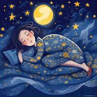 Girl sleeping among the blue sky, bright moon and stars, cartoon with photo