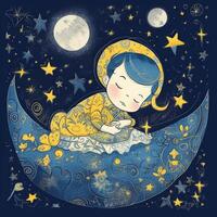 Baby sleeping among blue sky, bright moon and stars, cartoon with photo