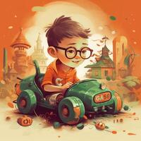 Boy playing with toy car, cartoon illustration with photo